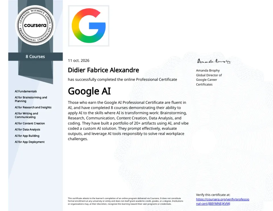 Certificat Google AI Professional Certificate (Coursera) de Didier Alexandre